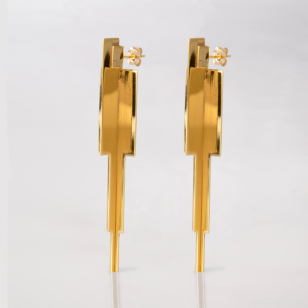 cross icicle, earrings, 24k gold plated, side, web