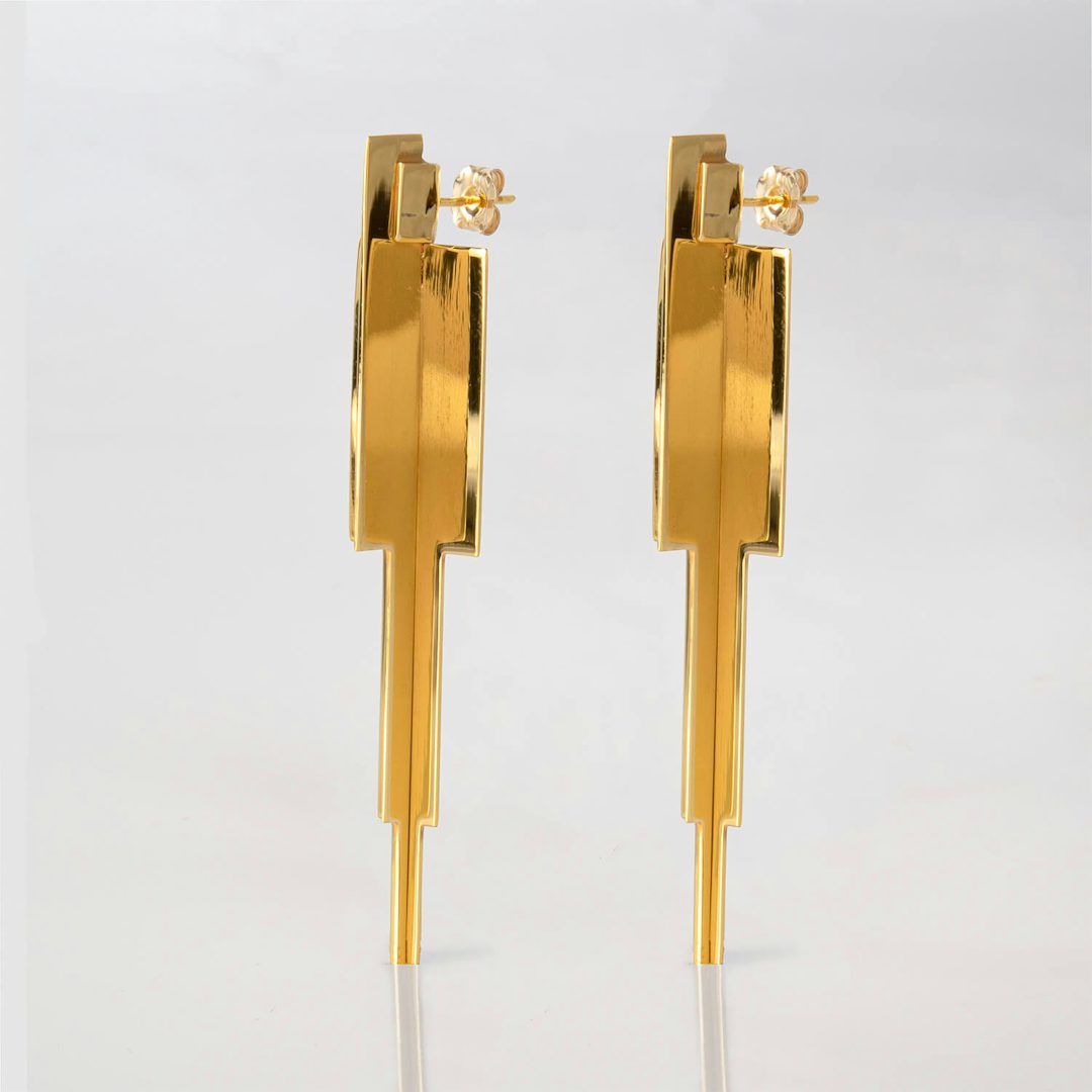 cross icicle, earrings, 24k gold plated, side, web
